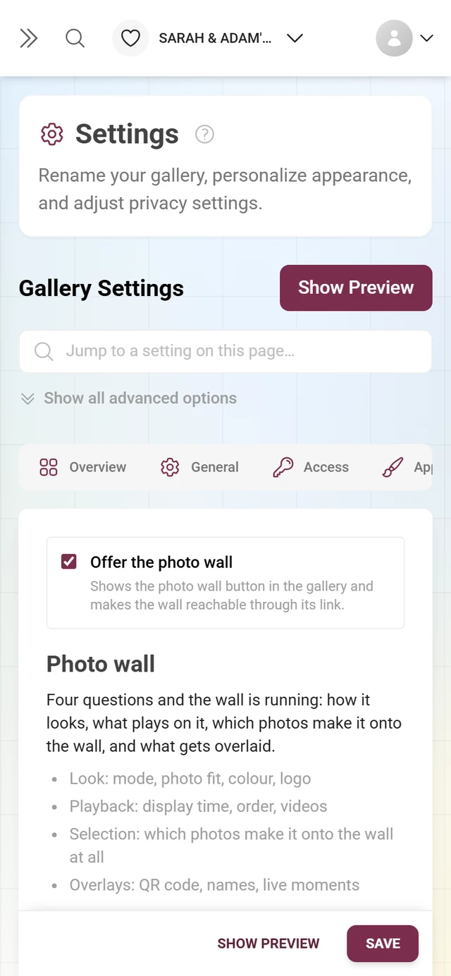 Photo wall tab with the Offer the photo wall switch, the Photo wall heading and the overview of look, playback, selection and overlays