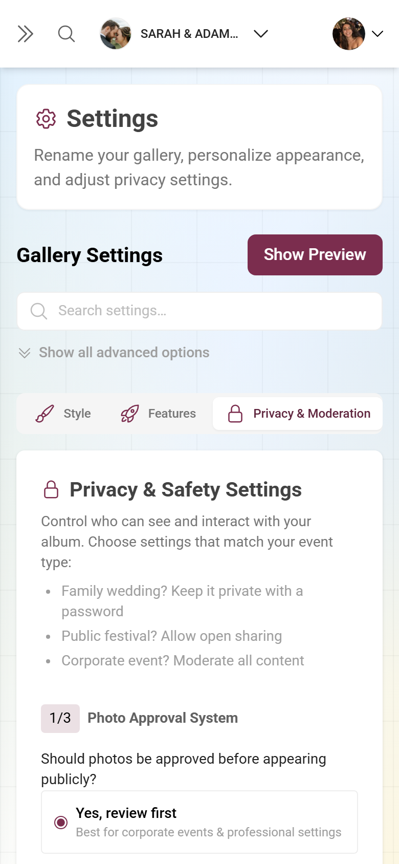 Settings Privacy and Moderation tab