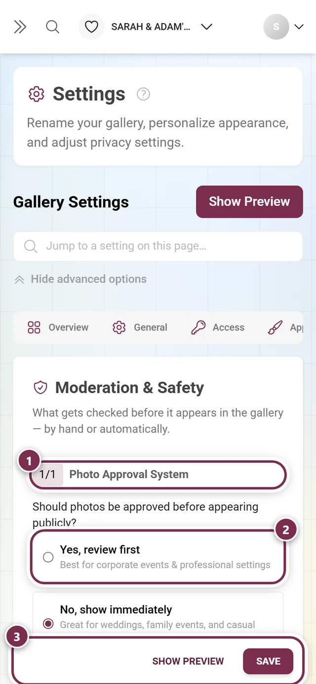Settings tab Moderation & Security with the content filter switch