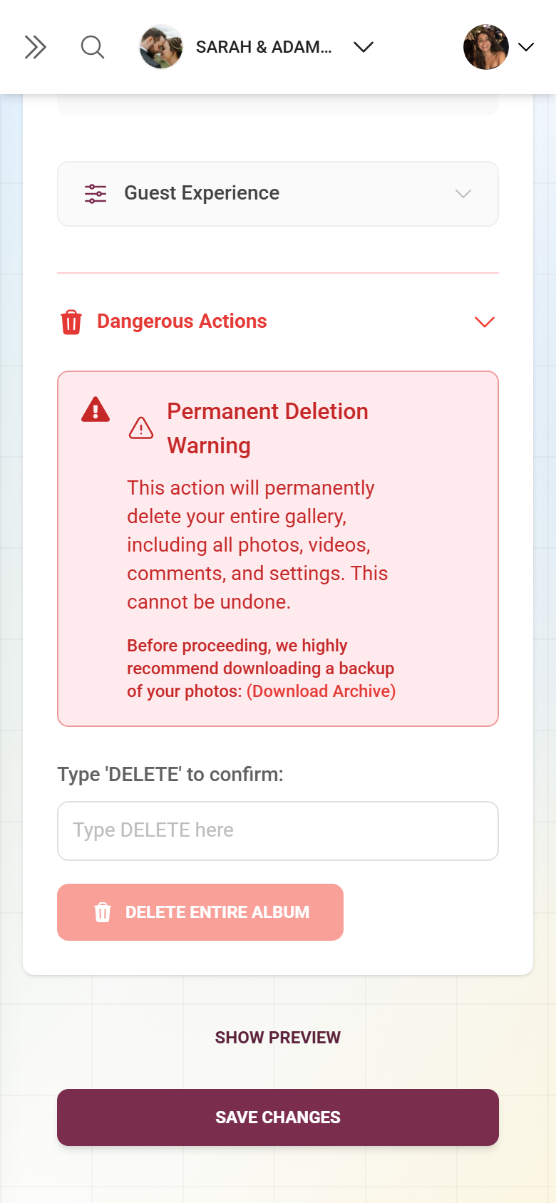 Dangerous actions section with confirmation field and delete button