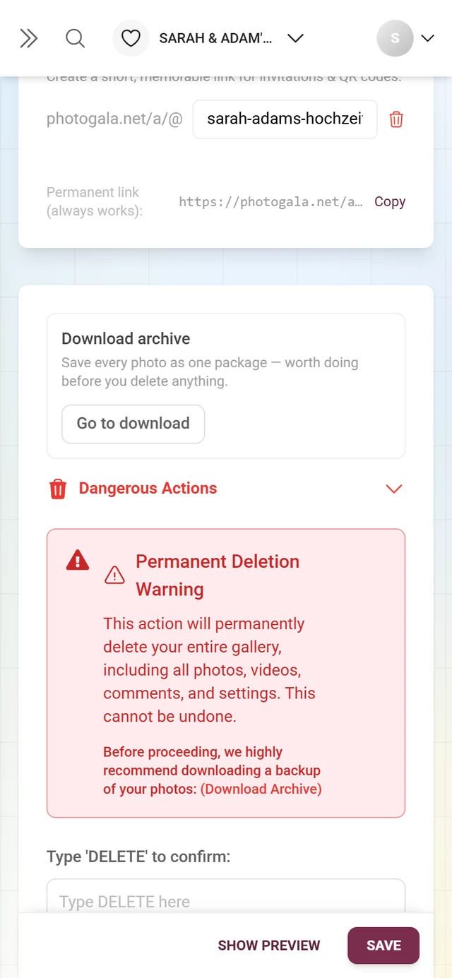 Danger zone of the event settings with the deletion actions