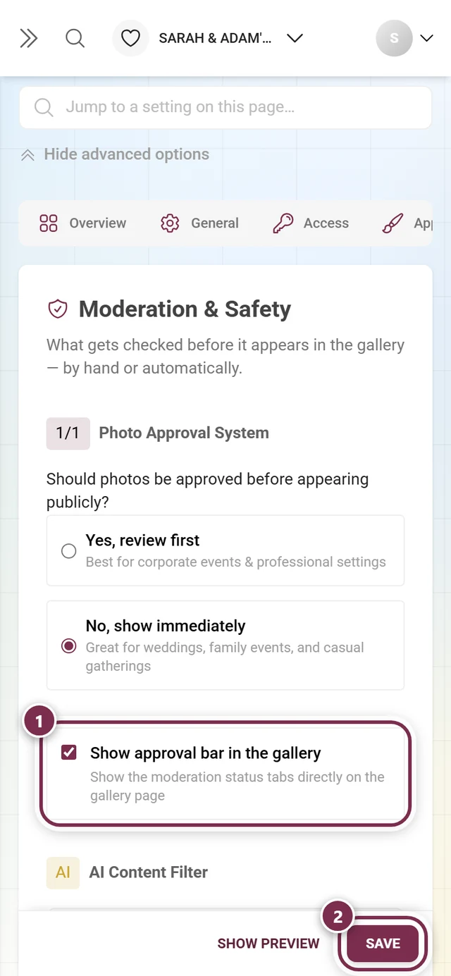 Approval bar card with the switch and the save bar marked