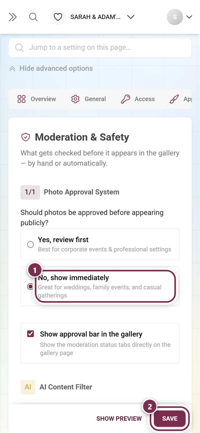 Photo approval system with the immediate option and the save bar marked