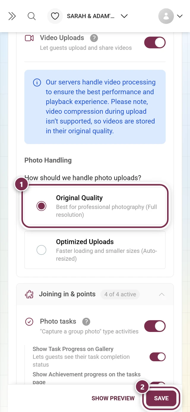 Photo handling with the Original quality option highlighted and the save bar highlighted
