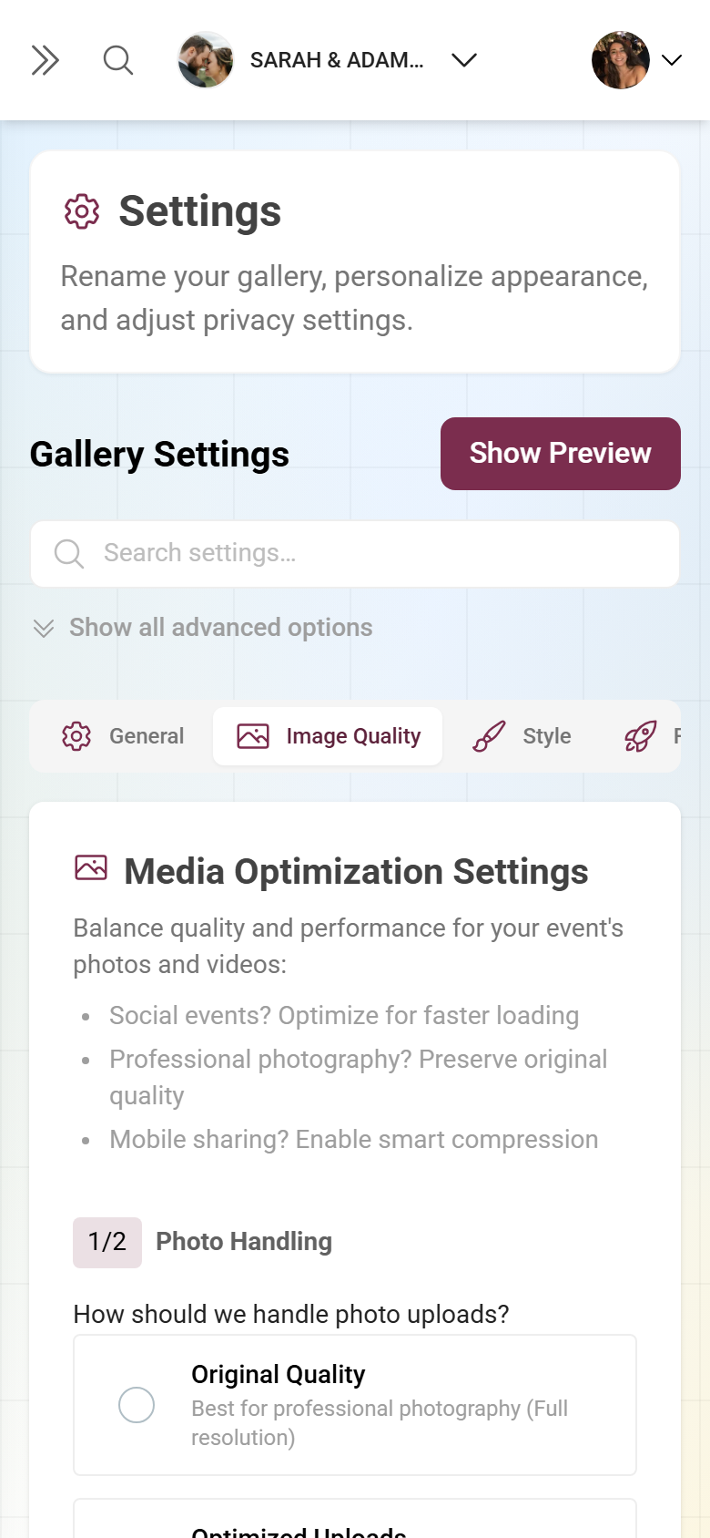 Image Quality tab with Photo Handling and Video Handling