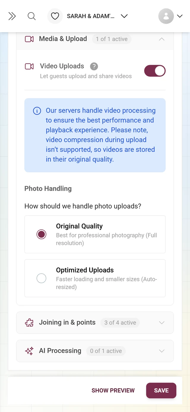 The image-quality block inside the Media and Upload fold