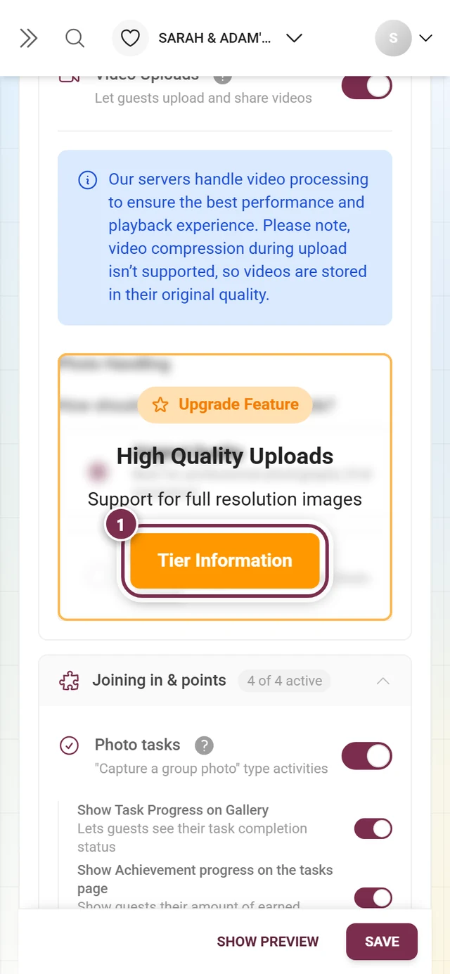 Photo handling block covered by an orange upgrade notice, its button highlighted