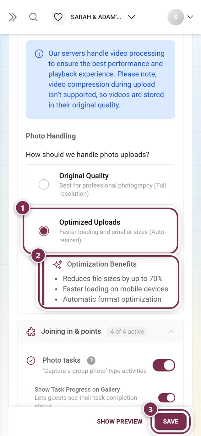 Optimized uploads selected, the Optimization Benefits box shown below, the save bar at the bottom