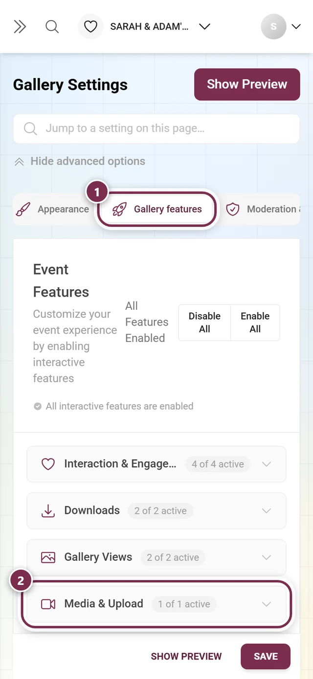 Gallery features tab highlighted, below it the highlighted Media and Upload fold