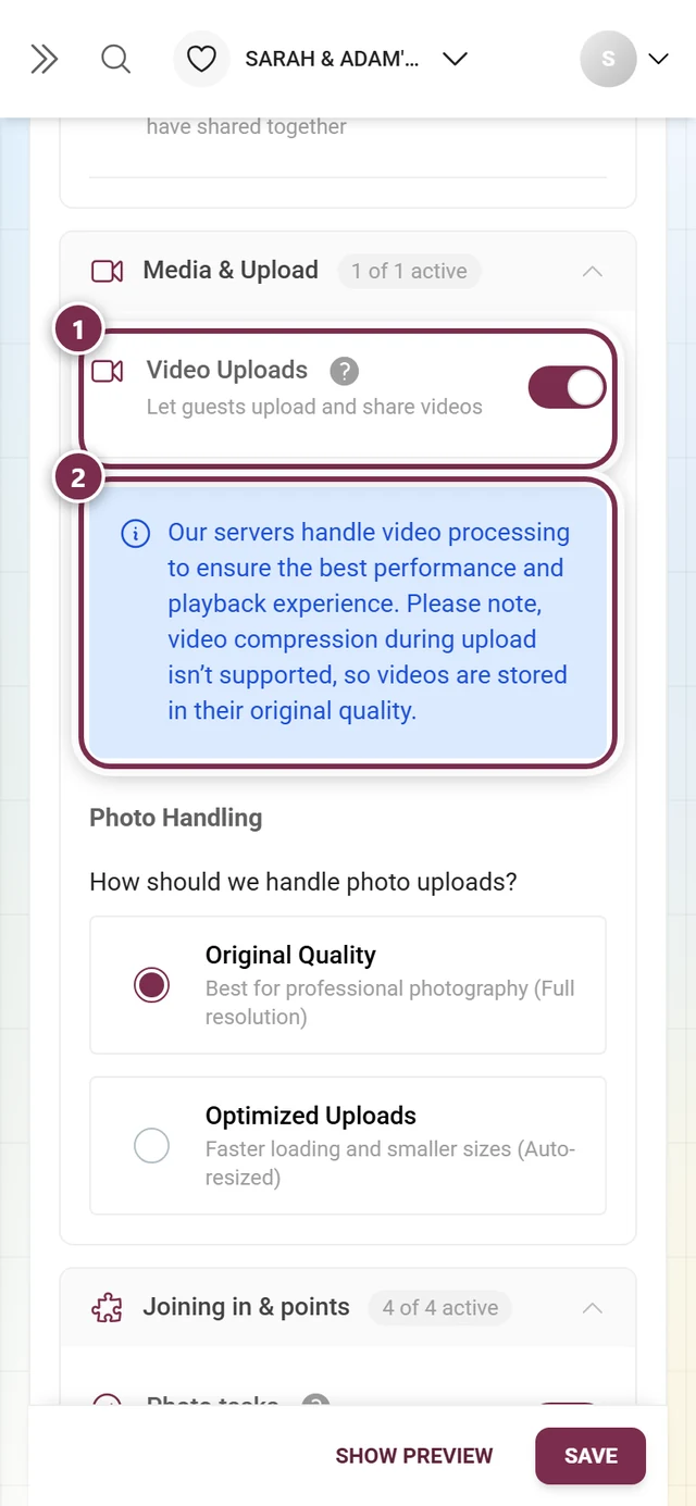 Video Uploads switch and the blue note about video processing below it, both highlighted