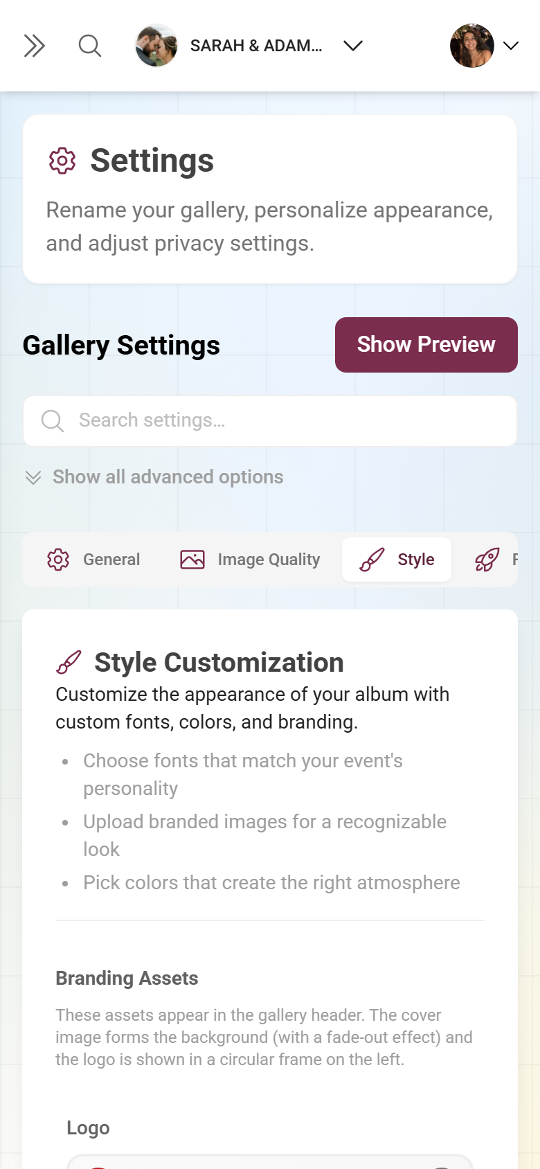 Settings Style tab with logo, colors and cover