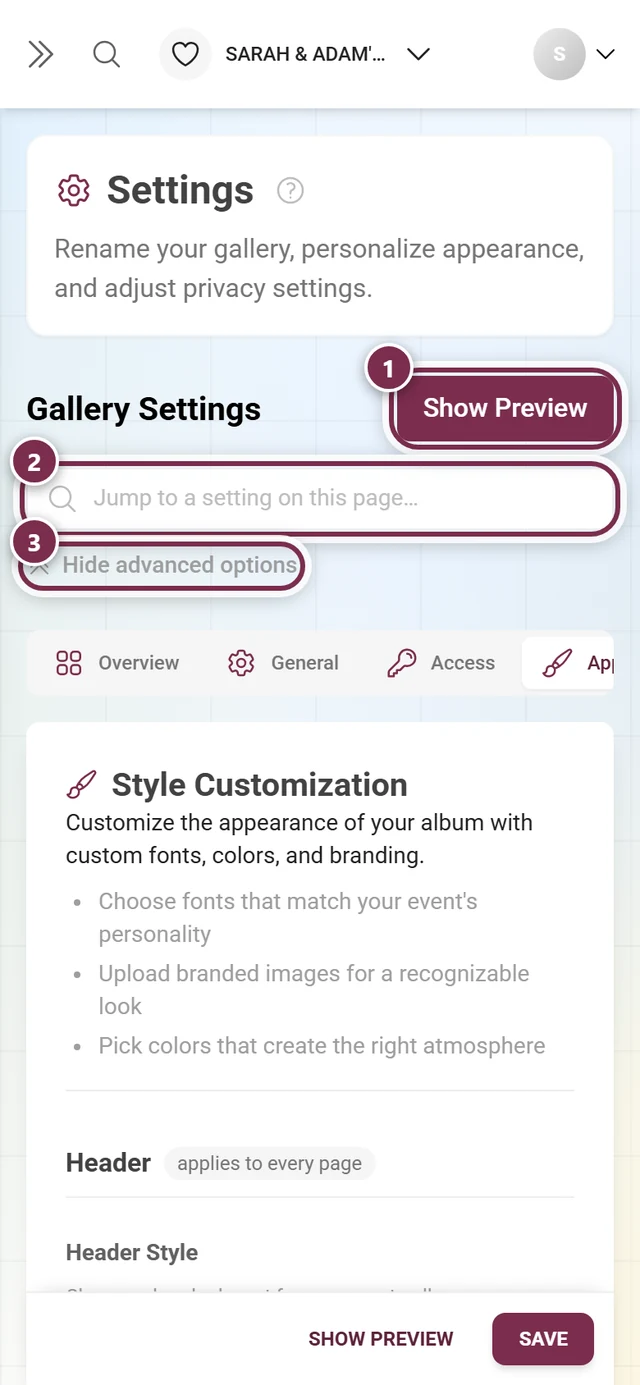 Look settings with logo, colors, and cover image