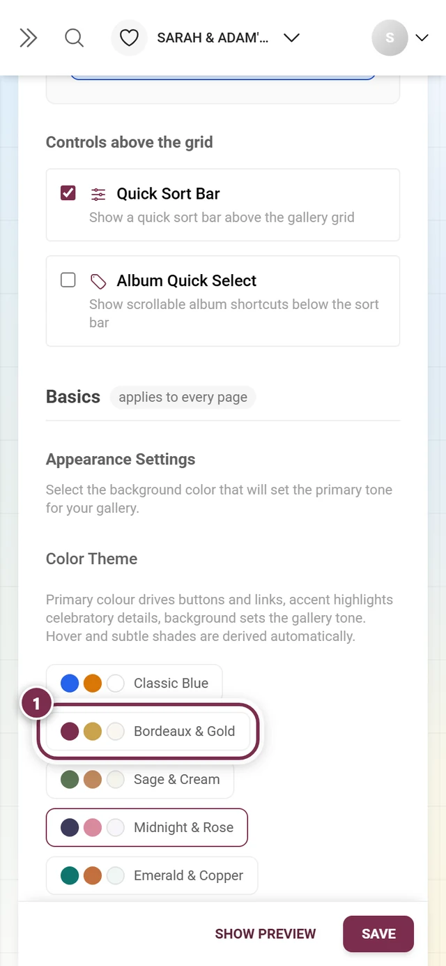 Colour palettes in the appearance block with Bordeaux & Gold highlighted