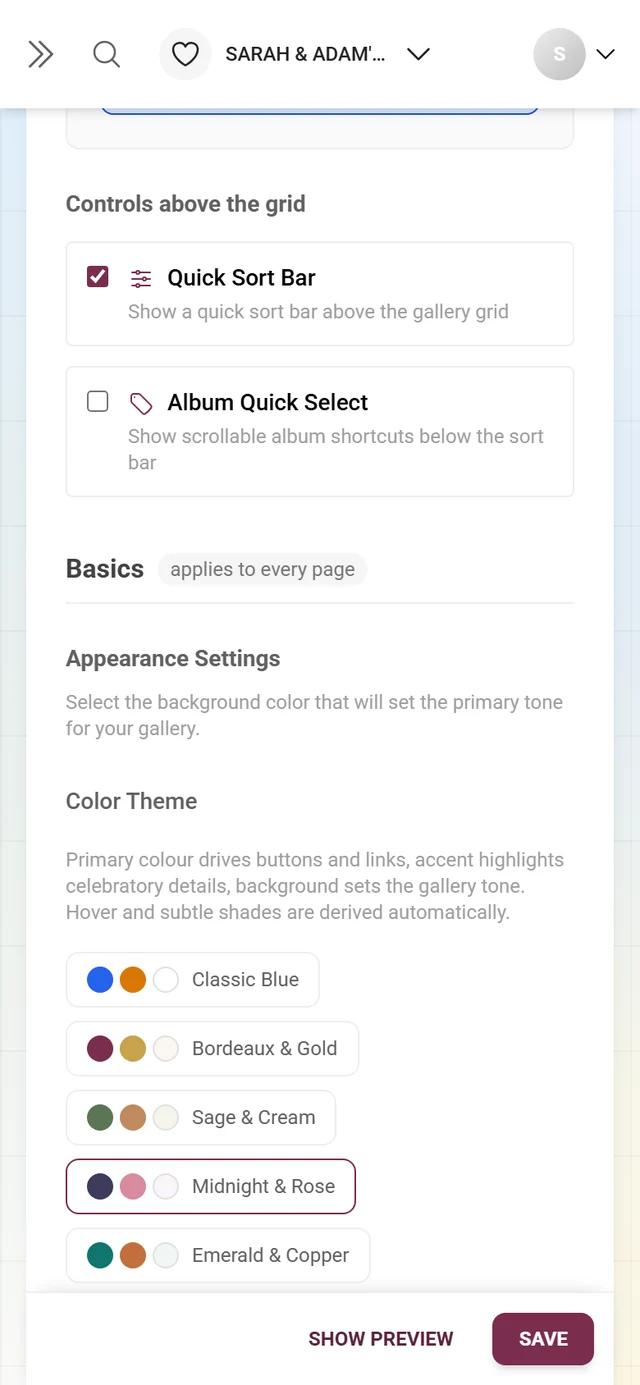 Appearance Settings block with six color palettes plus primary and accent color
