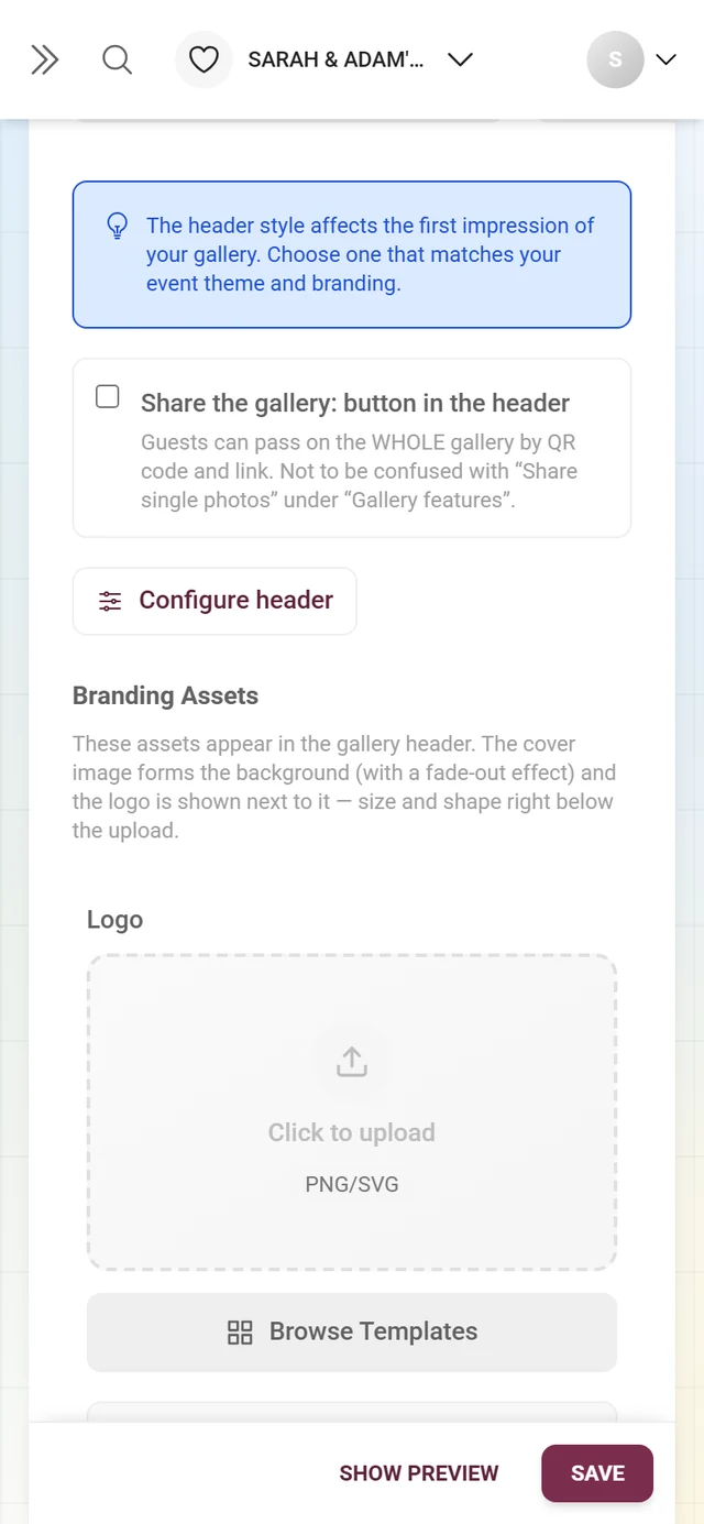 Share-the-gallery checkbox, Configure header button and the empty Logo and Cover upload fields