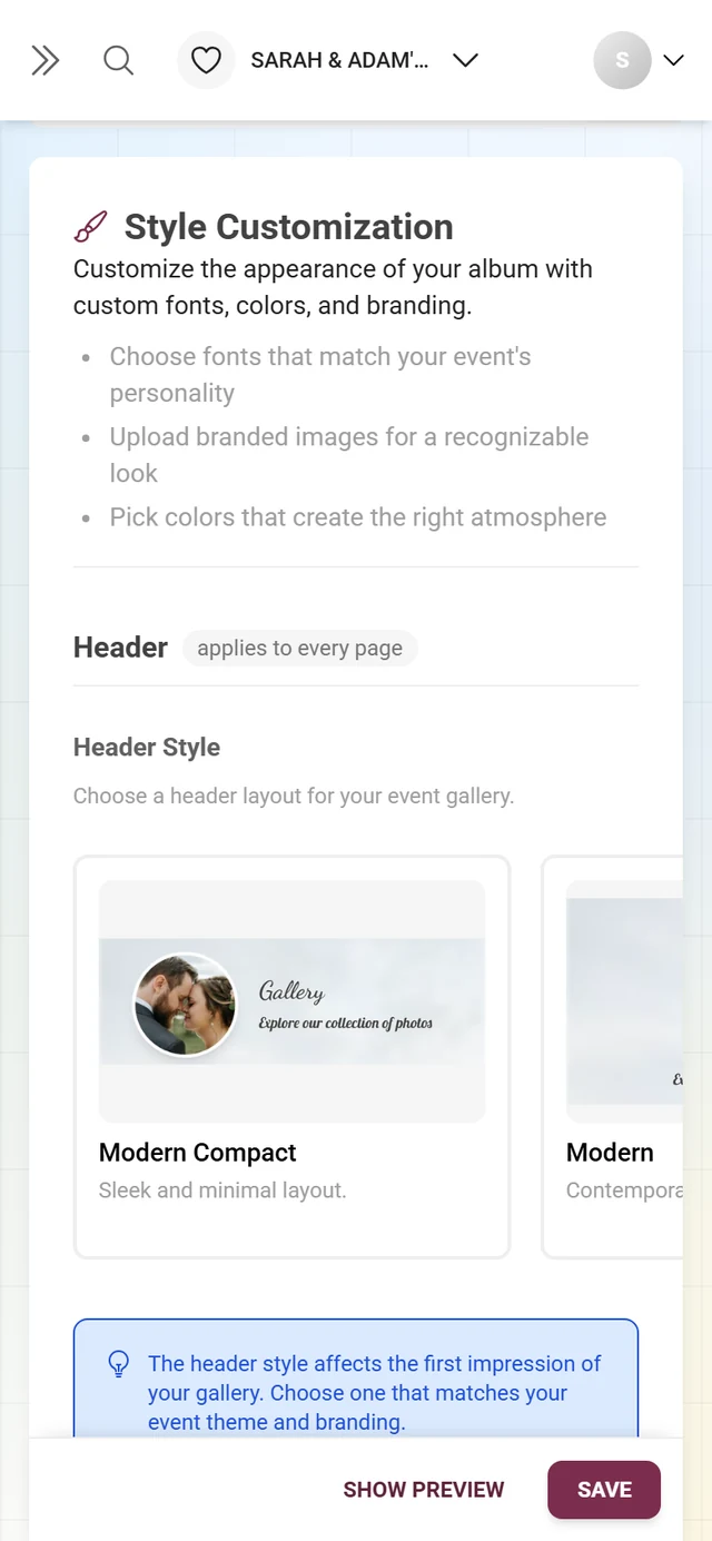 Header Style block with the preview cards Modern Compact, Modern, Polaroid and Minimalist
