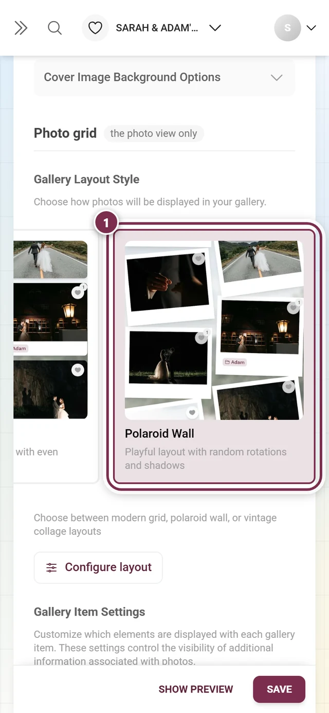 Gallery layout picker with the active tile highlighted