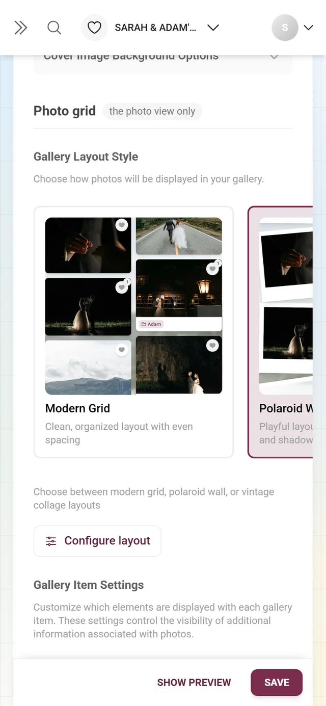 Gallery Layout Style block with preview cards for Modern Grid, Polaroid Wall, Vintage Collage and Timeline