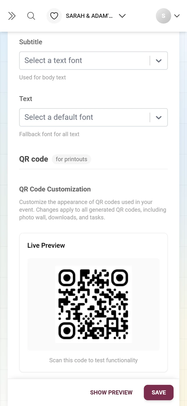 QR Code Customization block with live preview, QR Code Designer button and pro tips