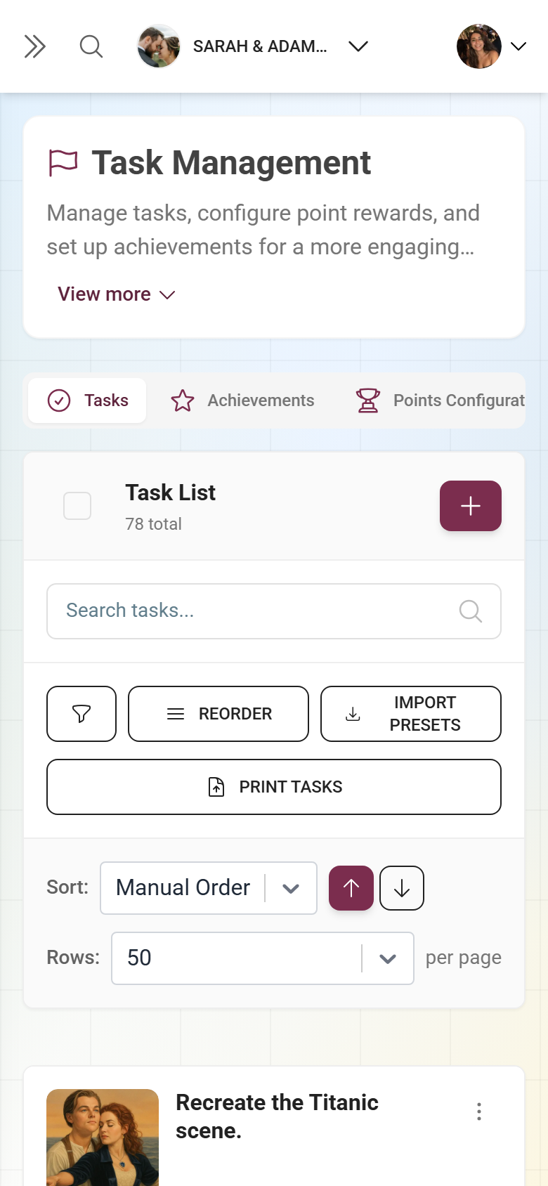 Gamification area with the list of challenges