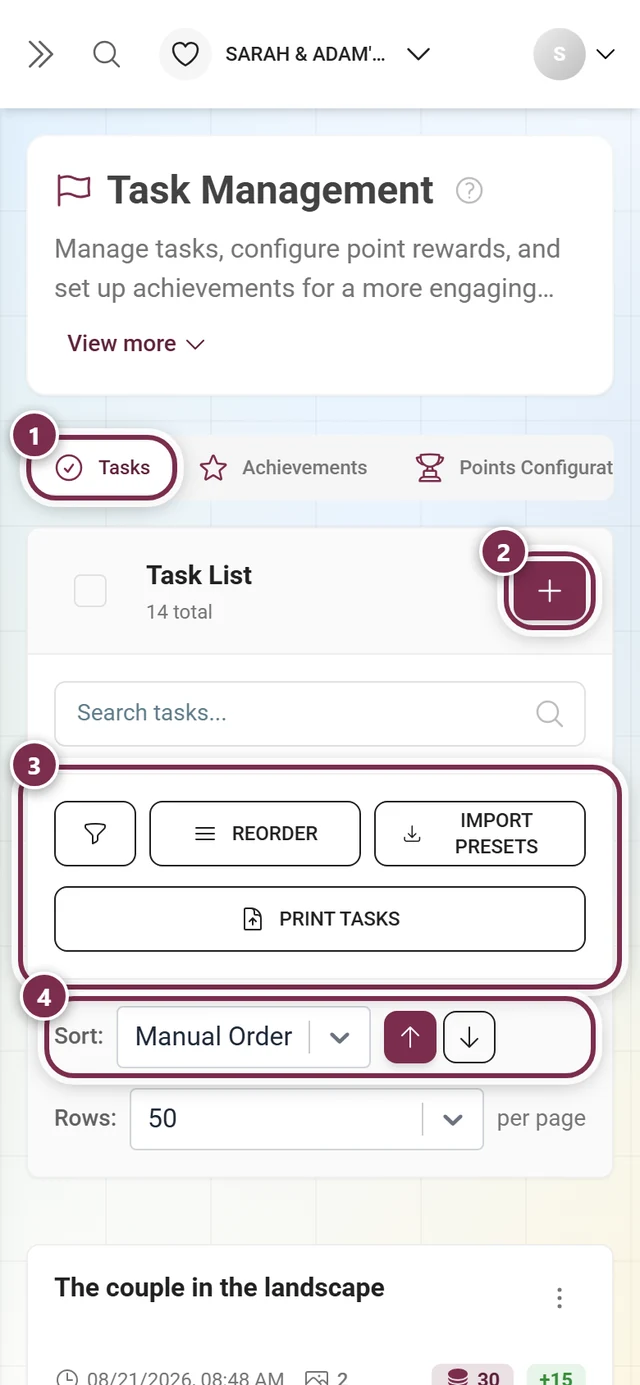Task management with the tab bar, create button, toolbar and sorting highlighted