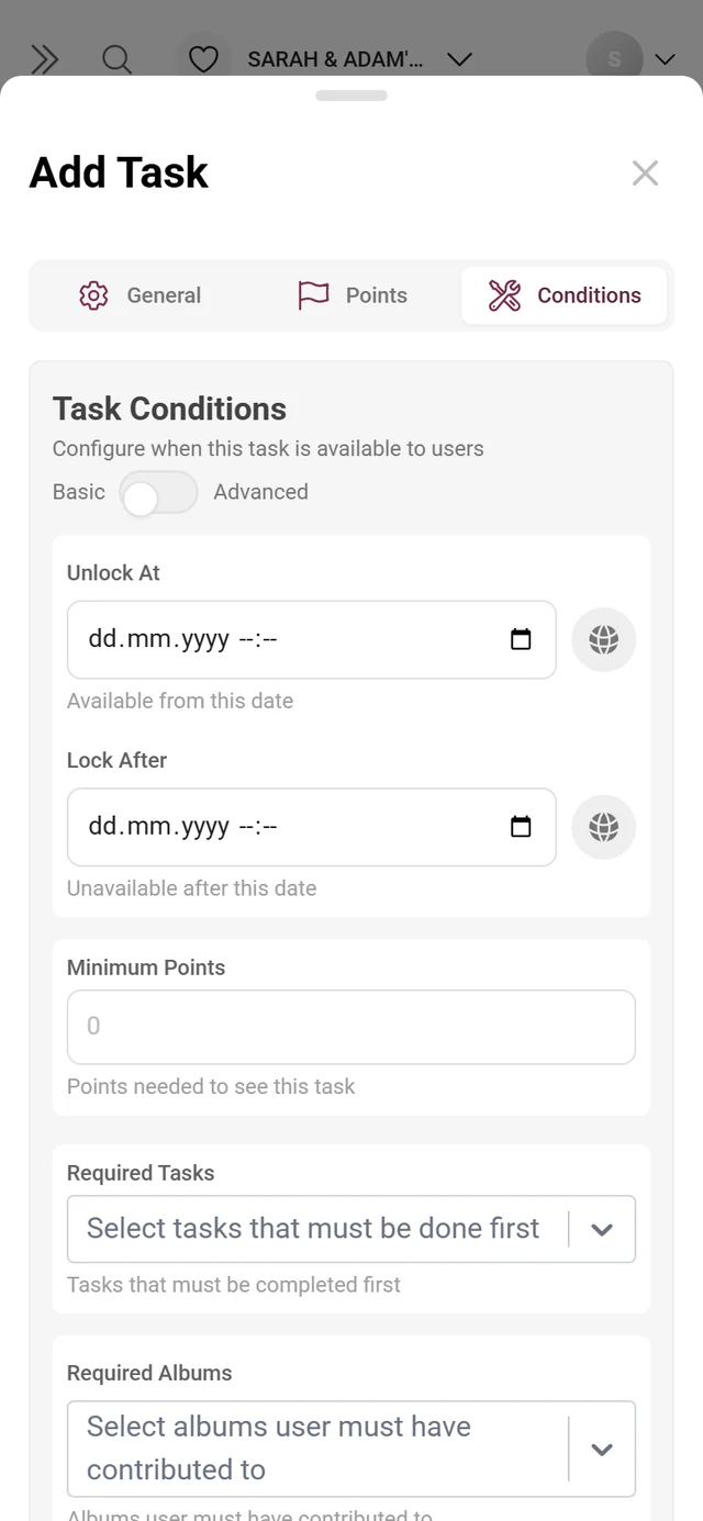 Conditions tab in the task editor with the Basic and Advanced toggle