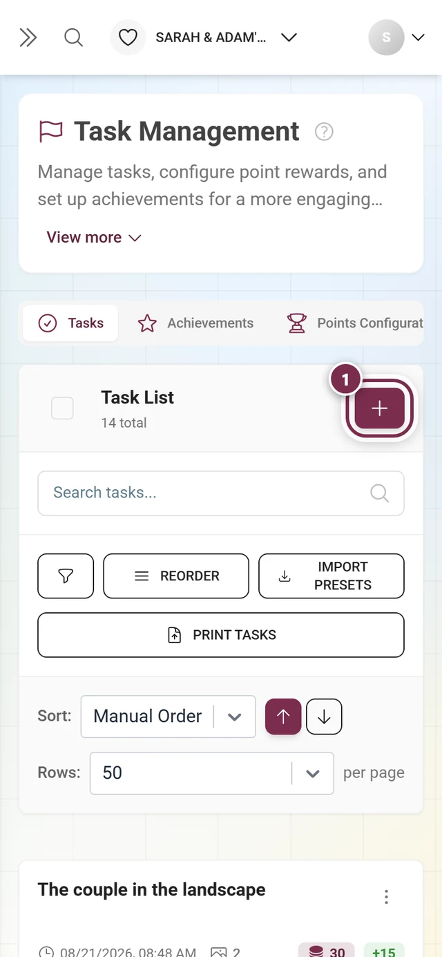 Task management with the Create Task button highlighted in red above the toolbar