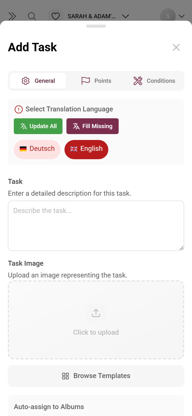 Task editor with fields for task, reference image, points and sorting