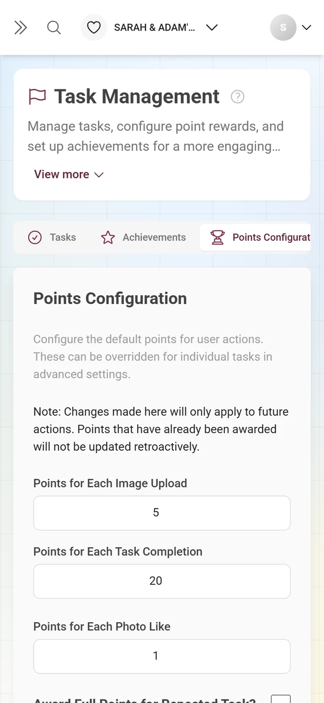 Points Configuration tab with the point values per action