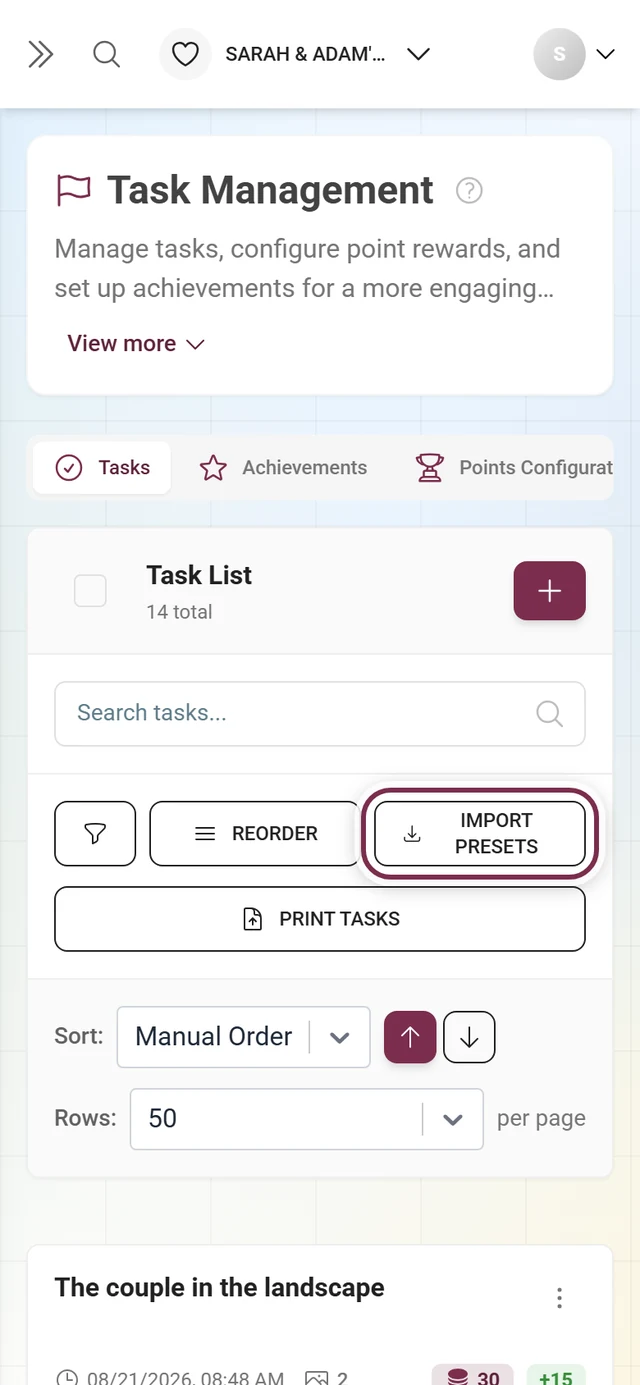 Toolbar of the task management with the Import Presets button highlighted in red