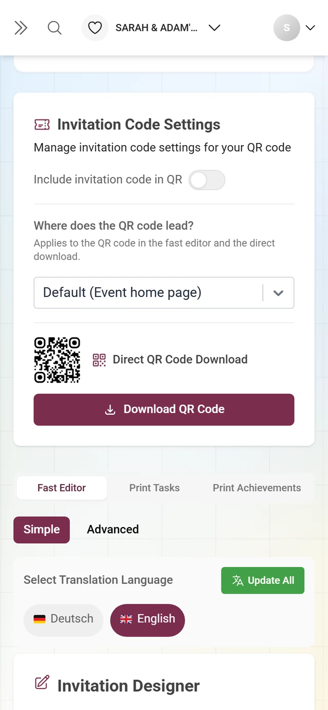Invitation code settings card with its switch, QR target and direct download