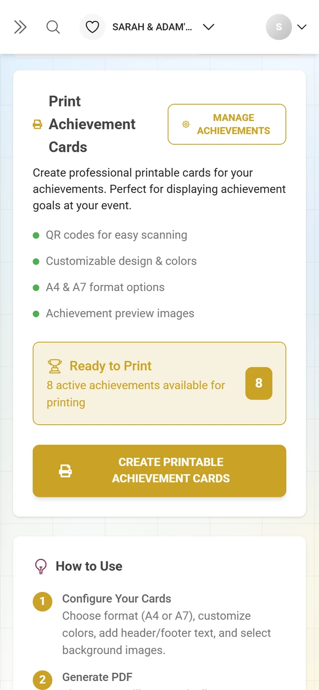 Print Achievements tab with the Print Achievement Cards card