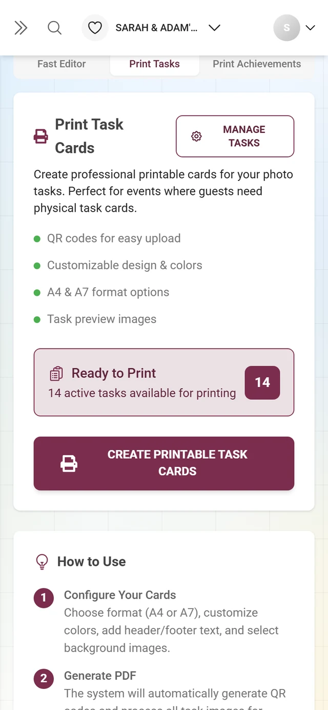 Print Tasks tab with the Print Task Cards card