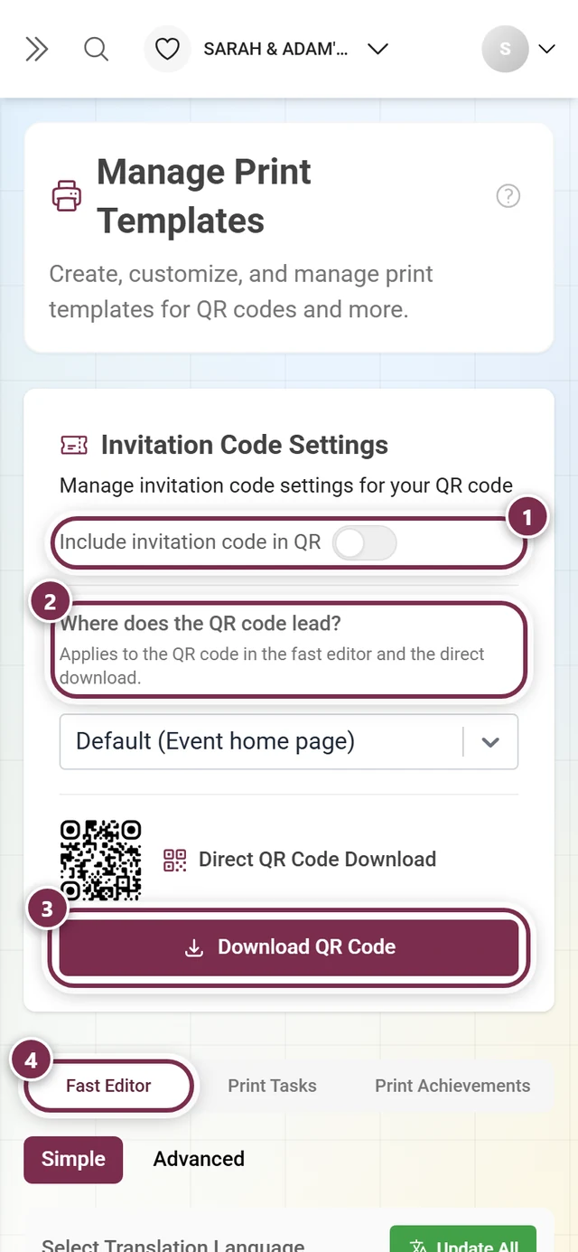 Print templates page with the invitation code toggle, QR target, download button and tabs highlighted