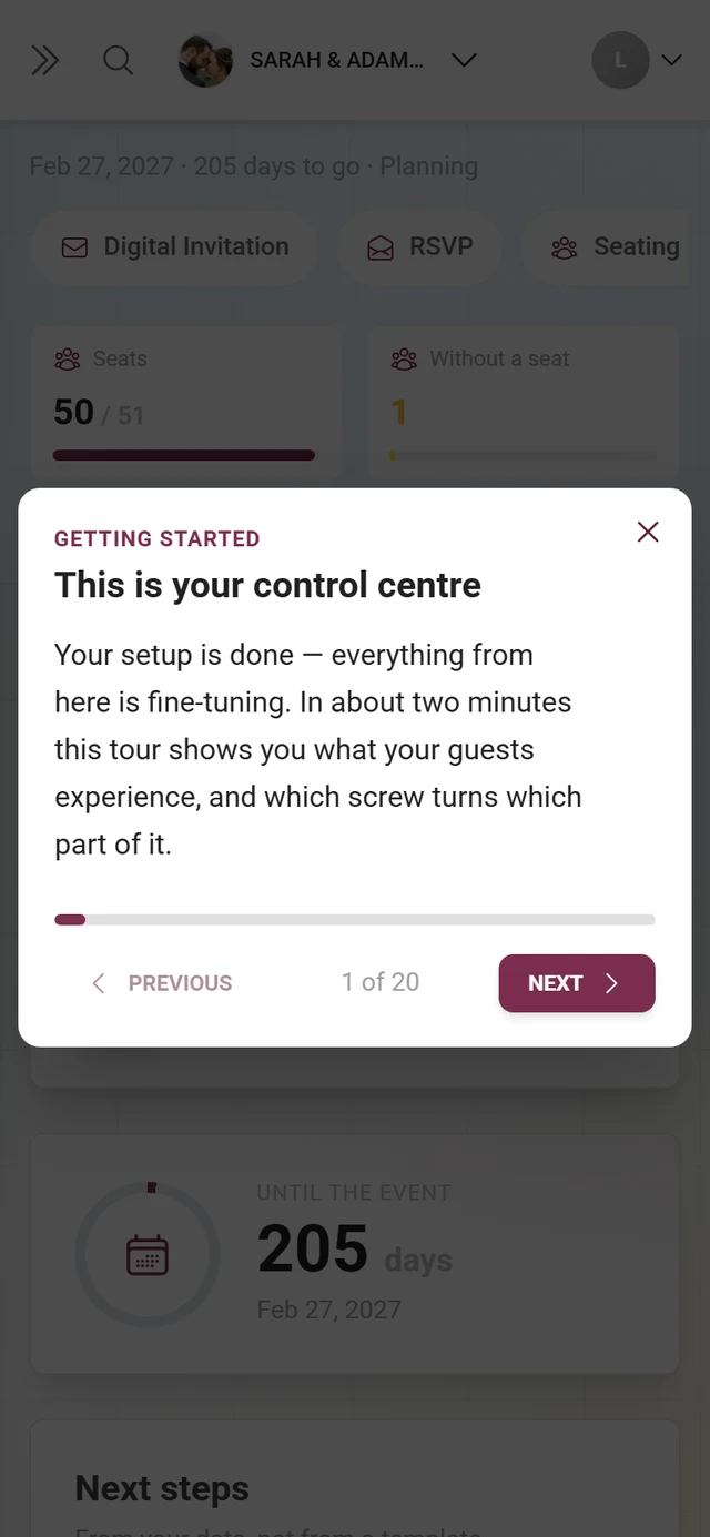 One step of the guided tour with the chapter line, title, text and the X of Y progress