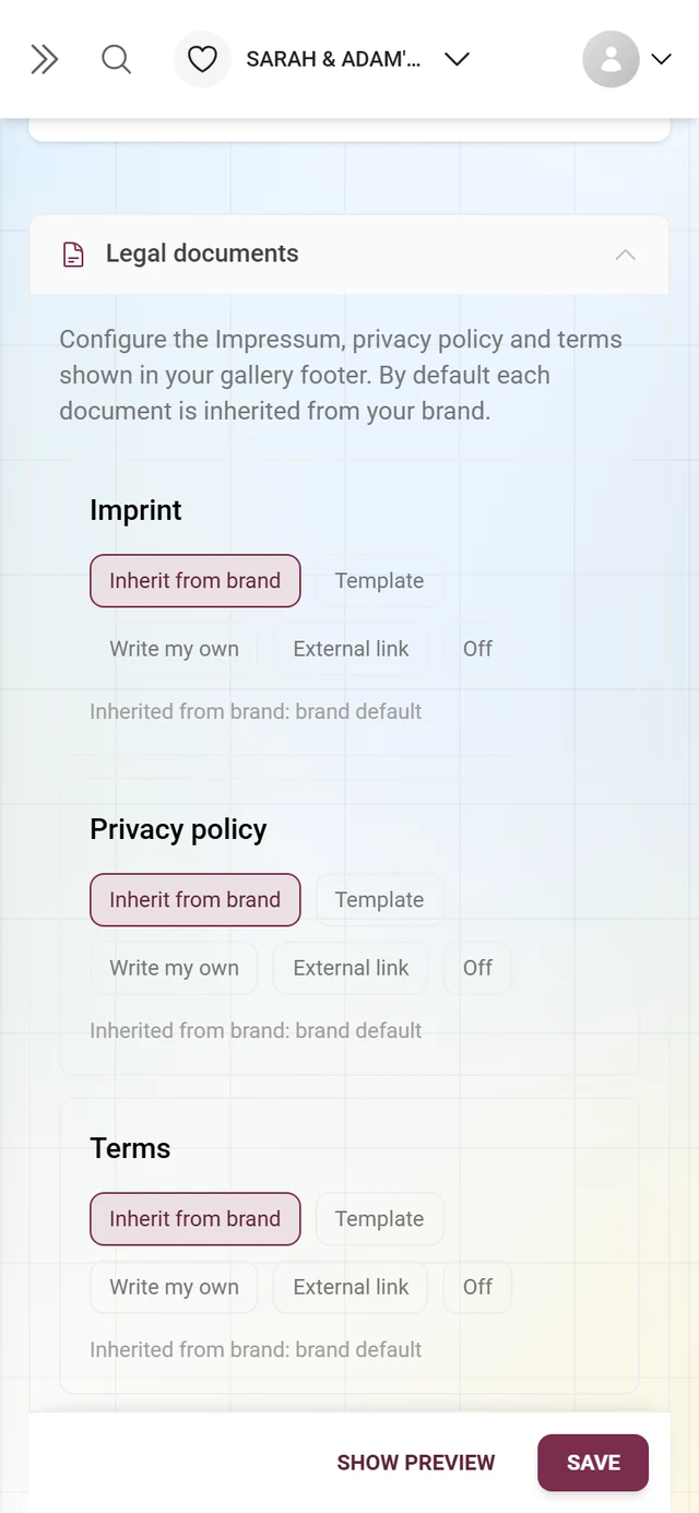 Imprint, privacy policy and terms in the white-label tab