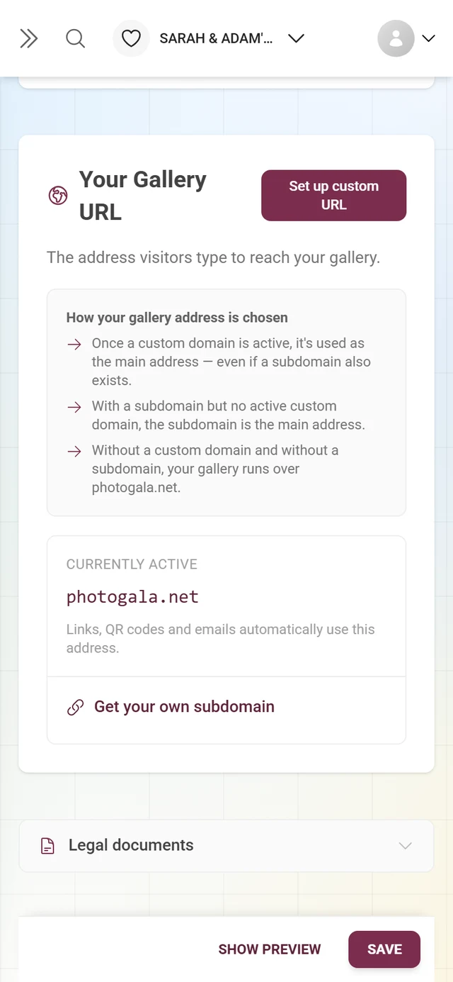 Your Gallery URL section with the current address