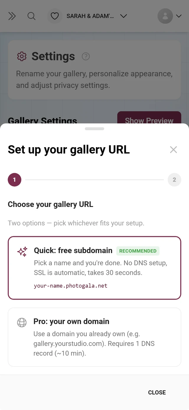Wizard for setting up a custom gallery URL