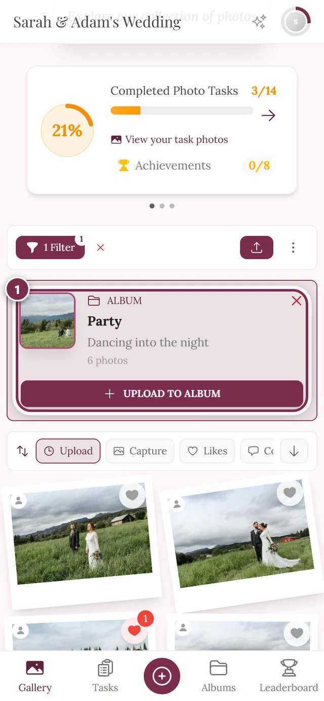 Gallery grid with the Active Filters box and an album chip above it