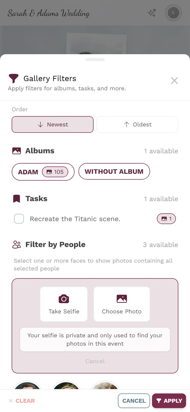 Find me source picker with the buttons Take Selfie and Choose Photo plus the privacy note