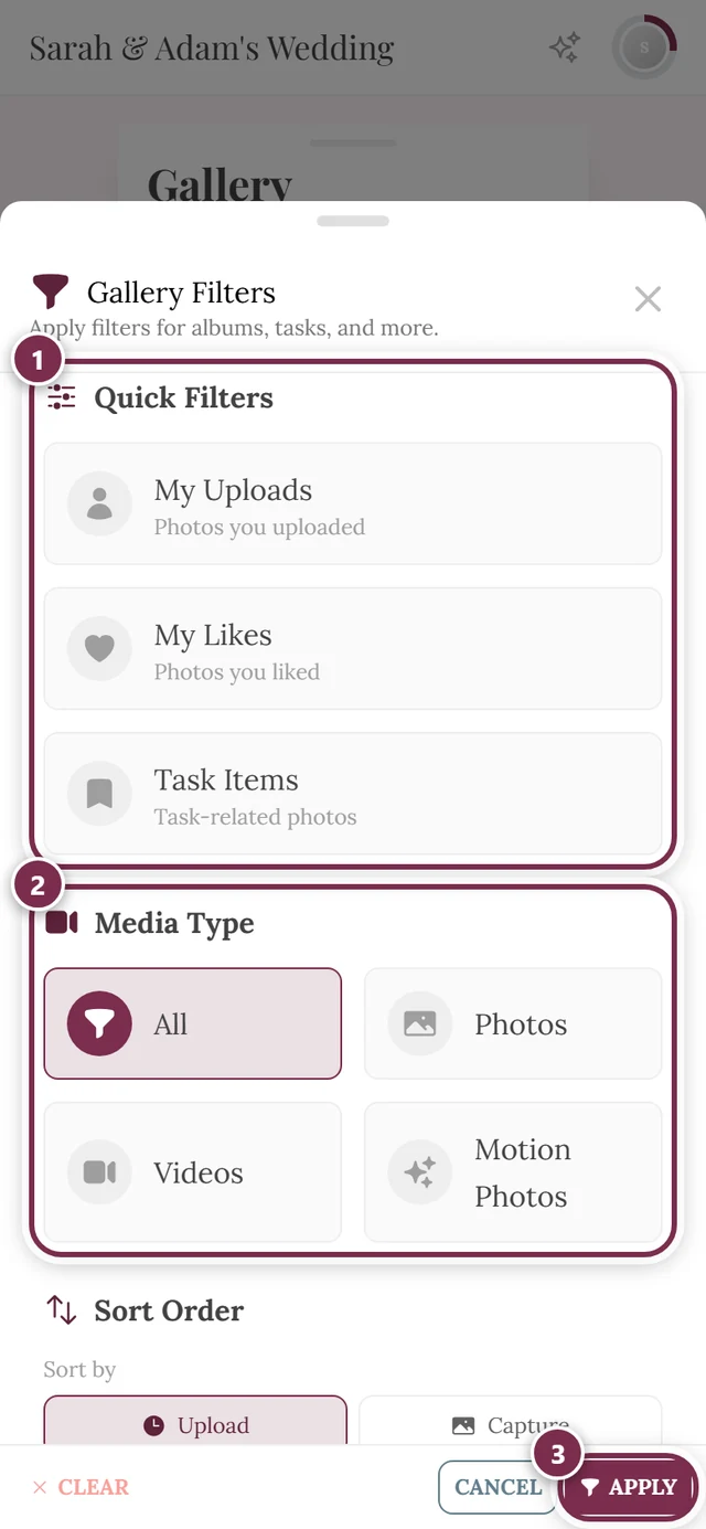 Filter panel with the sections Quick Filters, Media Type, Sort Order and Albums