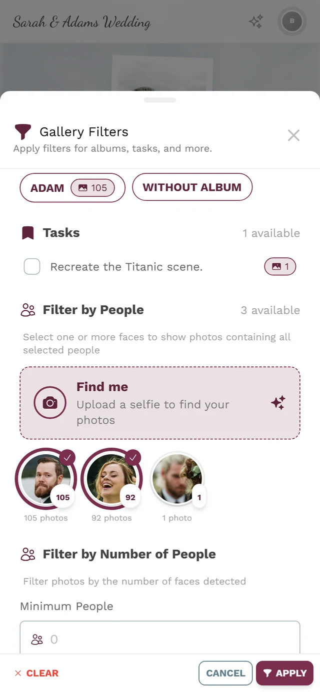 People tiles in the gallery filter, two of them selected with a ring and checkmark