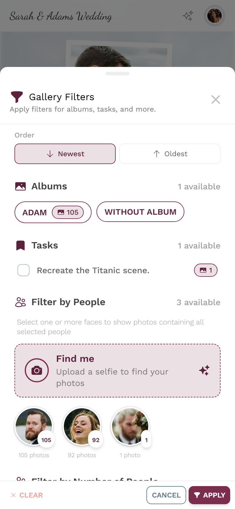 Person and face selection in the filter