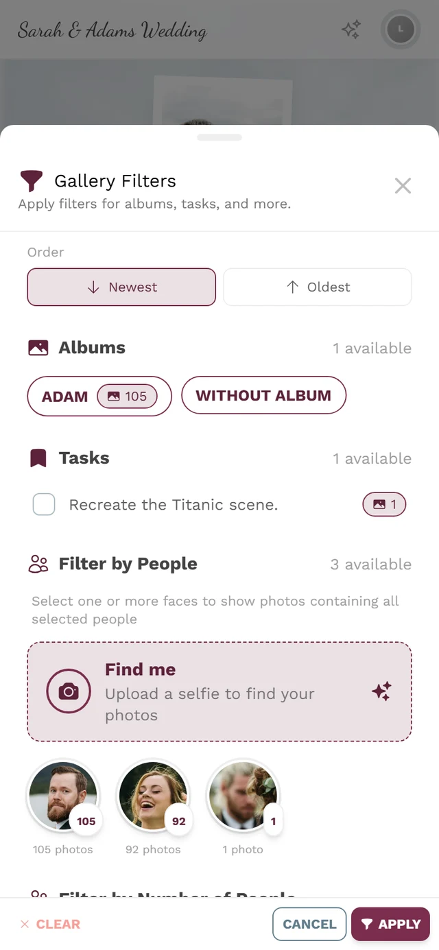Face picker in the filter with people tiles and the Find me selfie search