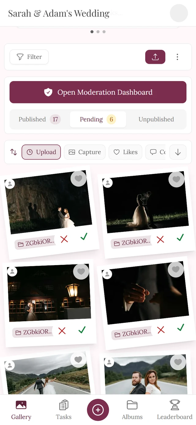 Gallery in the polaroid layout with the Published, Pending and Unpublished tab bar and a red X and green checkmark on the tiles