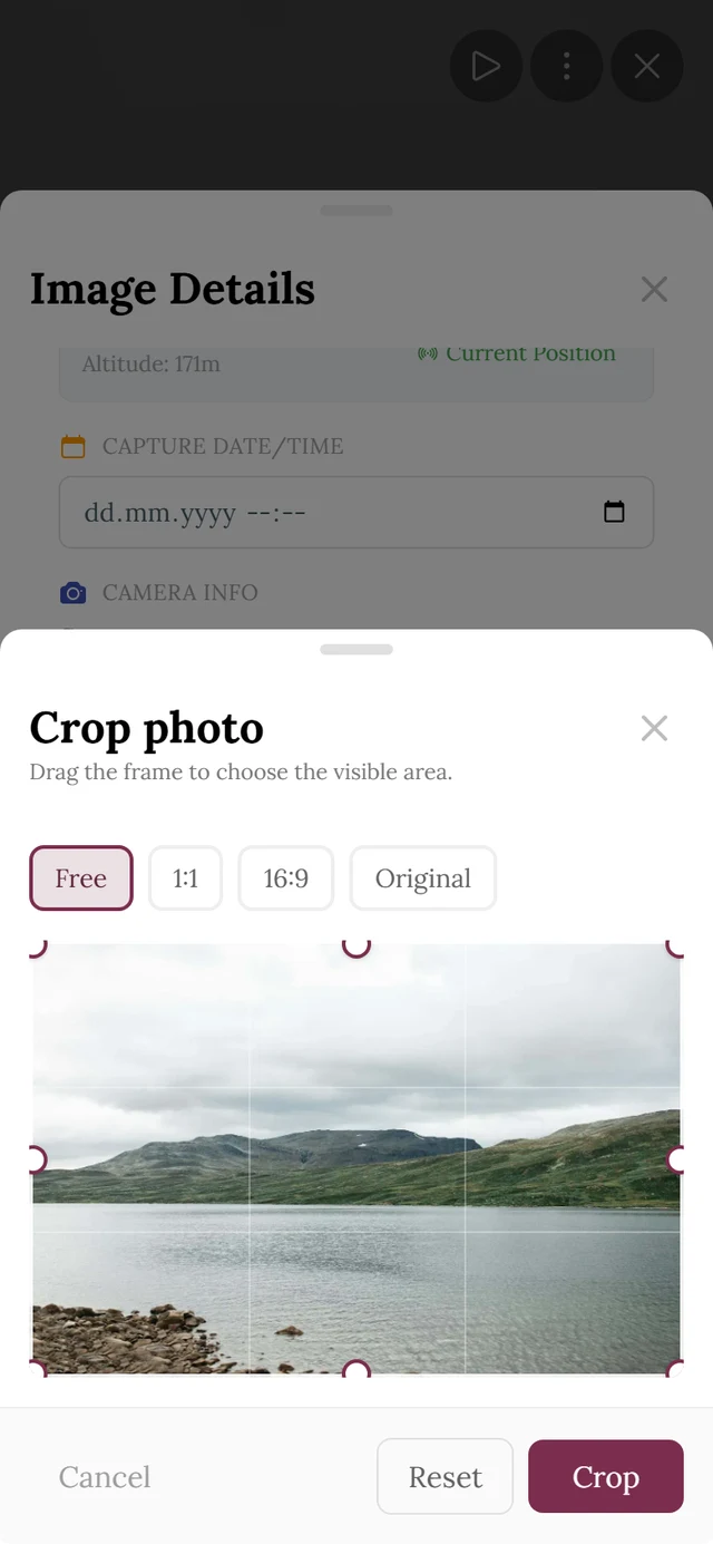Crop photo dialog with the aspect ratios Free, 1:1, 16:9 and Original, the frame with round corner handles and the buttons Cancel, Reset and Crop