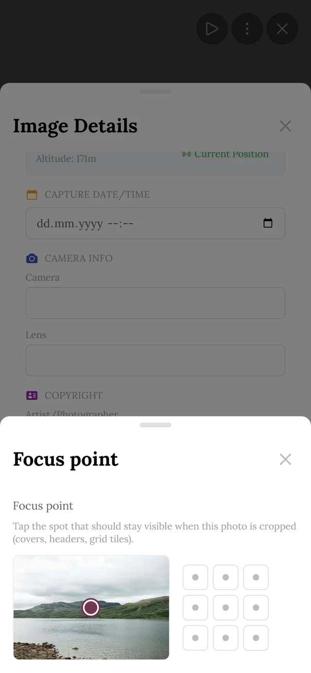 Focus point popup with a preview image, the marker and the grid of nine presets