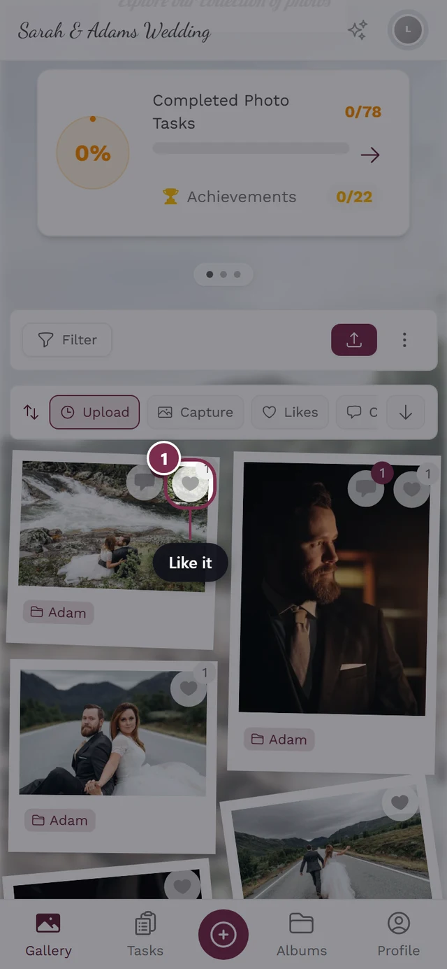 Heart icon highlighted on a photo tile