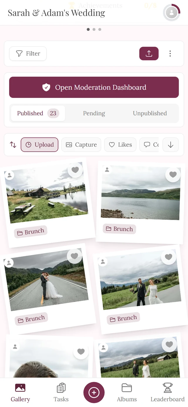 Gallery with the Moderation Panel card between the filter bar and the photo grid, showing the Published, Pending and Unpublished tabs