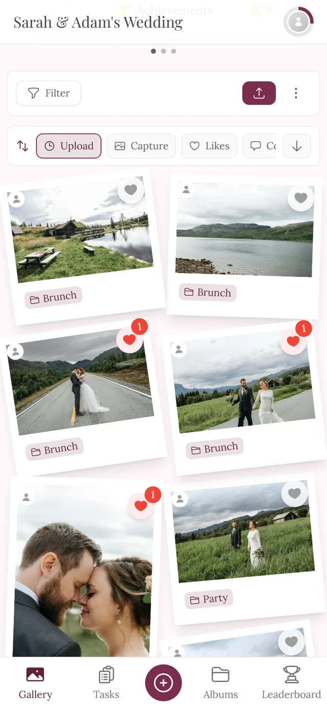 Quick sort bar above the photo grid with Upload, Capture, Likes and the direction arrow